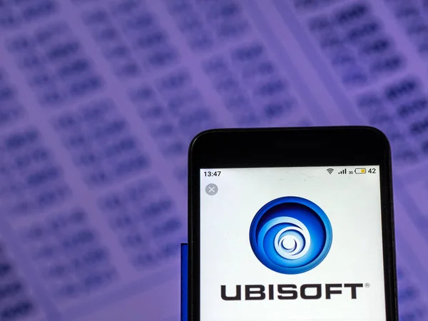 Kijów Ukraina Grudzień 2018 Wideo Ubisoft Logo Firmy Gry Widać — Zdjęcie stockowe