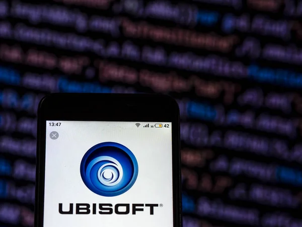 Kijów Ukraina Grudzień 2018 Wideo Ubisoft Logo Firmy Gry Widać — Zdjęcie stockowe