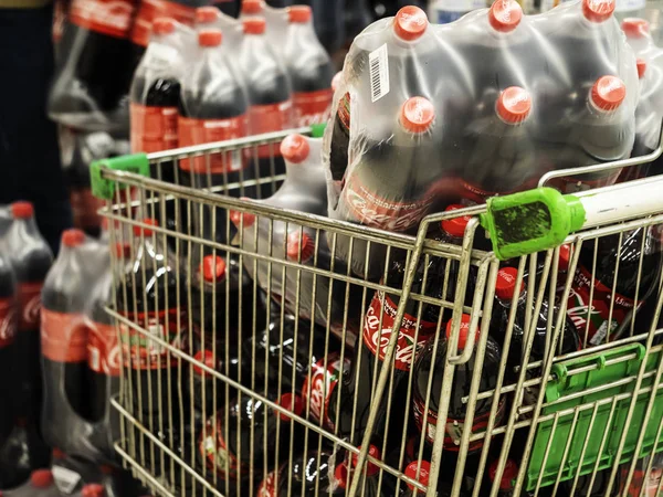 Kiev Ukraine Dec 2018 Cart Loaded Lots Plastic Coca Cola — Stock Photo, Image