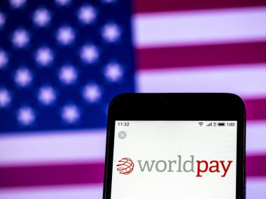 Kiev, Ukrayna - 11 Ocak 2019: Worldpay grup logosu akıllı telefon görüntülenen gördüm.