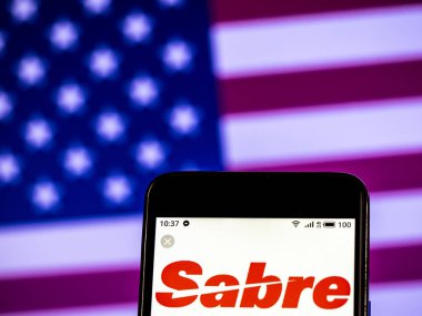 Kiev, Ukrayna - Jan 14, 2019: Sabre şirket logosu akıllı telefon görüntülenen gördüm.