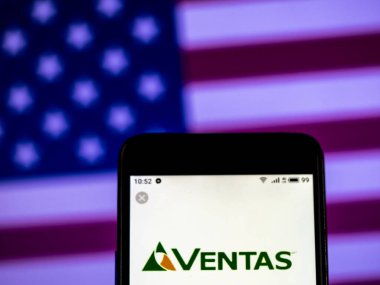 Kiev, Ukrayna - Jan 14, 2019: Ventas gerçek emlak yatırım güven şirket logosu akıllı telefon görüntülenen gördüm.