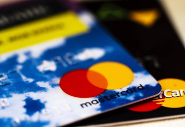 Kiev, Ukrayna - 21 Ocak 2019: kredi kartları, Mastercard yakın çekim