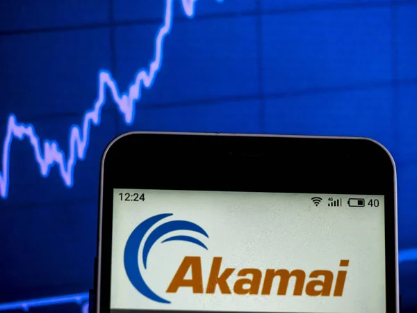 Kyjev Ukrajina Únor 2019 Logo Společnosti Akamai Technologies Vidět Zobrazeného — Stock fotografie