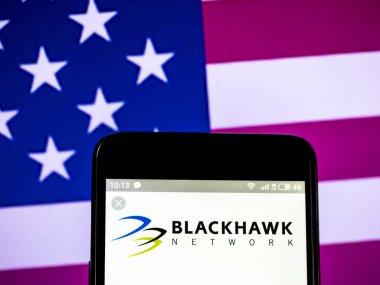 Kiev, Ukrayna - 14 Şubat 2019: Blackhawk ağ Holdings logo akıllı telefon görüntülenen gördüm