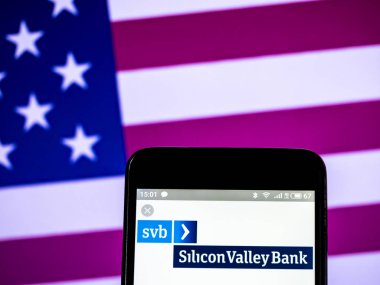 Kiev, Ukrayna - 17 Şubat 2019: Silikon Vadisi banka logo akıllı telefon görüntülenen gördüm