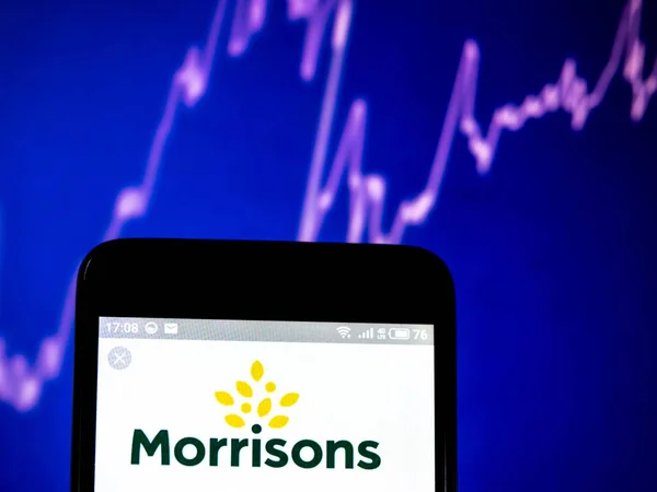 WM Morrison supermarkten plc logo zien weergegeven op smart phone. — Stockfoto