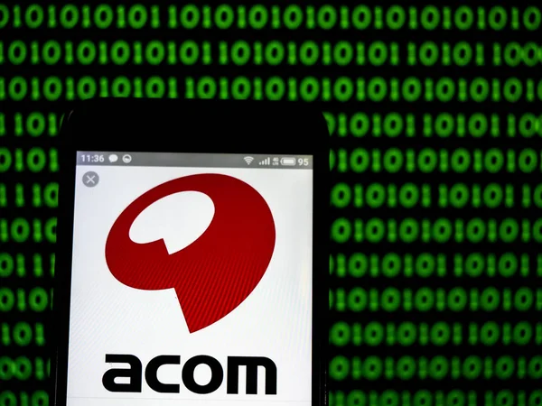 Acom 회사 로고는 스마트 폰에 표시 된 볼. — 스톡 사진