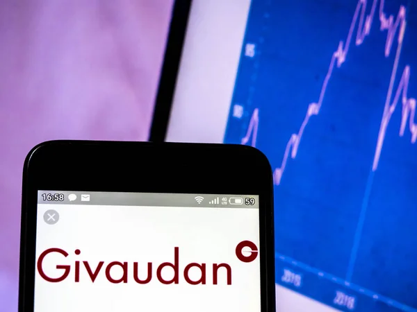Photo illustration a Givaudan SA logo seen displayed on a smart — Stock Photo, Image