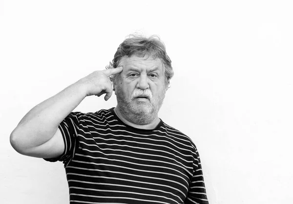 Retrato Blanco Negro Del Hombre Mediana Edad Sosteniendo Dedo Derecho —  Fotos de Stock