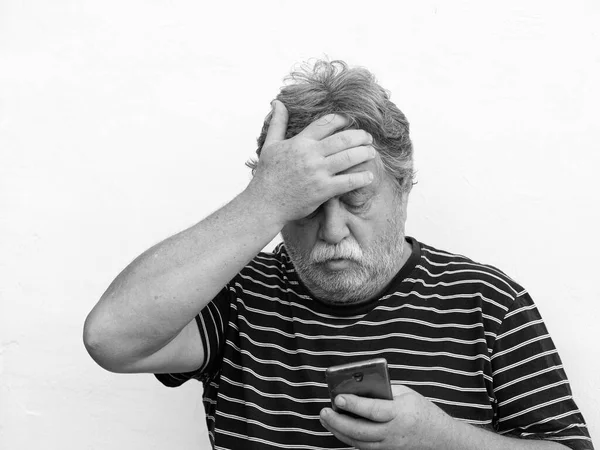 Black White Portrait Middle Aged Man Clutching His Head While — Stock Photo, Image