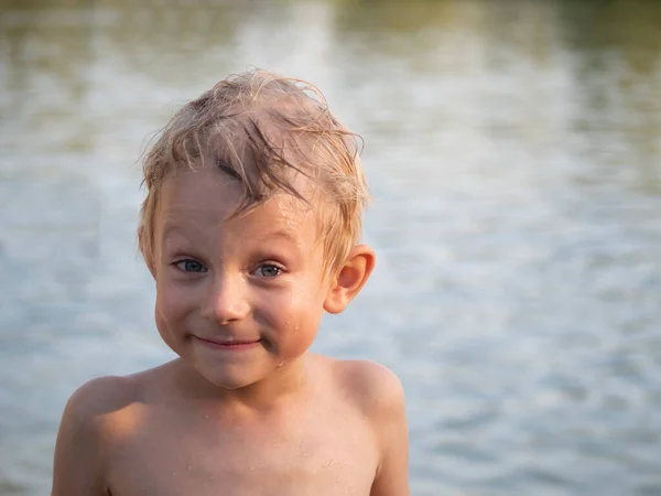 Portrait Funny Caucasian Preschool Boy Wet Hair Resting Lake — Stock Photo, Image