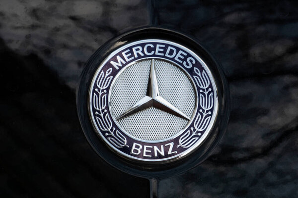 Kiev, Ukraine, September 29, 2020. Editorial illustrative. Mercedes logo on the hood of a black car