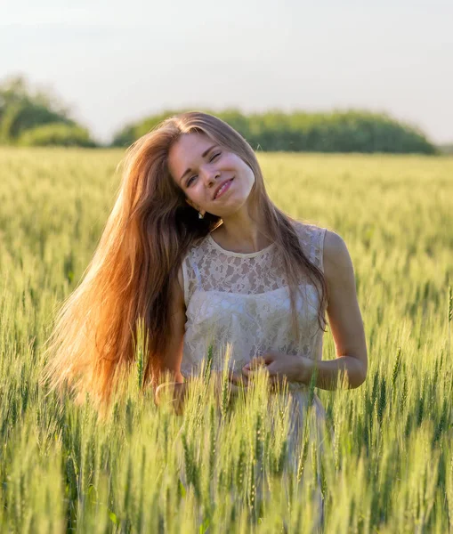 Portrait Pretty Girl Wheat Field Sunset — Stock Photo, Image