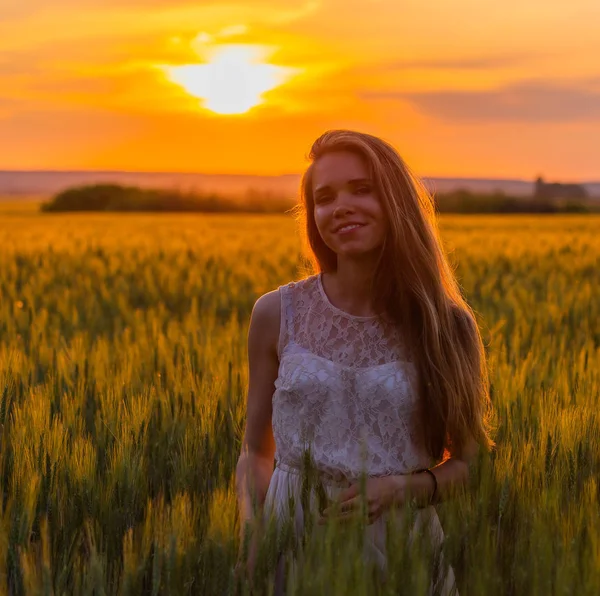 Портрет Красивой Девушки Пшеничном Поле Закате — стоковое фото