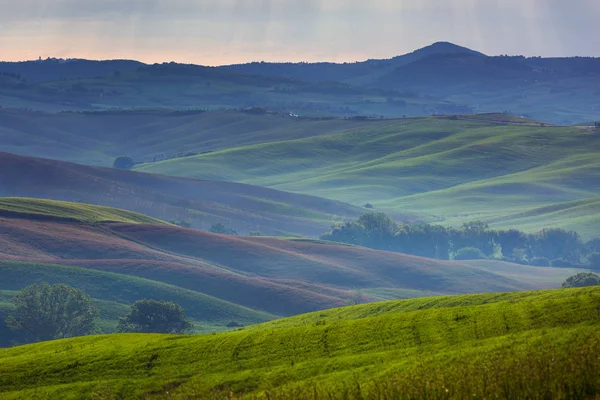 Toskánsko Mlhavé Ráno Zemědělské Půdy Hill Venkovská Krajina Itálie Evropa — Stock fotografie