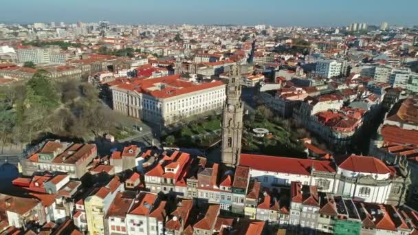 Widok na wieżę Torre dos Clerigos w Porto — Wideo stockowe