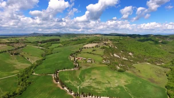 Paisaje aéreo toscano con carretera y cipreses — Vídeo de stock