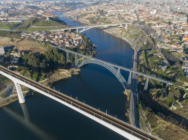 Aerial of bridges and Douro river in Porto — Stock Photo, Image