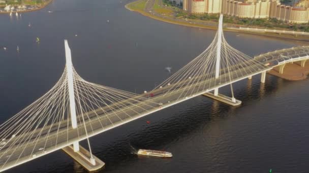 Aerial around view of cable-stayed bridge — ストック動画