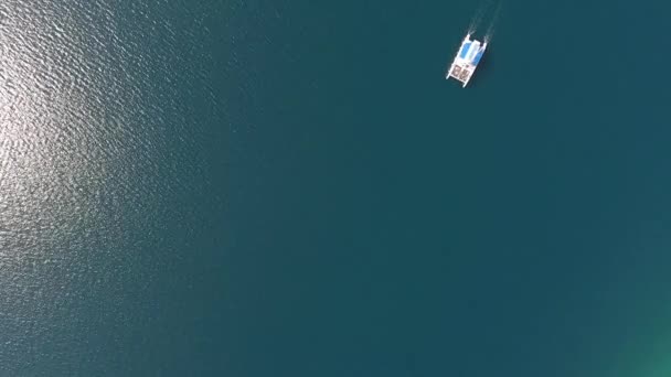 Lone Sailboat Sea Surface Aerial Top View — Stock Video