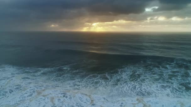 Aerial View Big Waves Atlantic Ocean Dramatic Sunset Sky — Stock Video