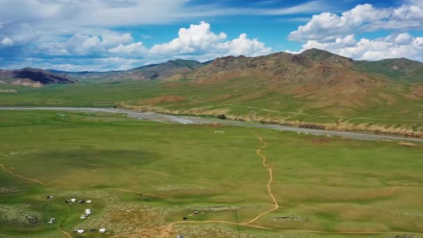 Aerial View Yurts Steppe Mountains Landscape Orkhon Valley Mongolia — 비디오