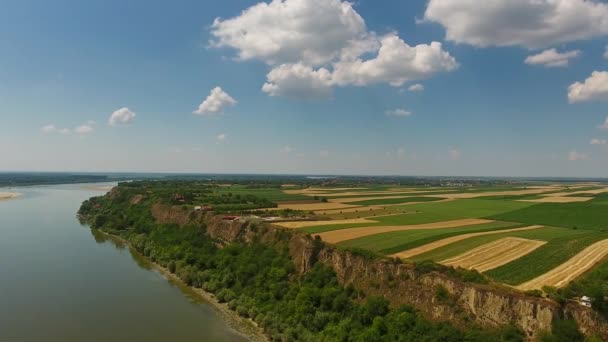 Aerial View Colorful Fields High Bank Danube River Serbia Panorama — Stock Video
