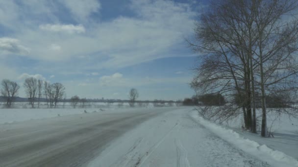 Coche Que Mueve Carretera Invierno Ventisca — Vídeo de stock