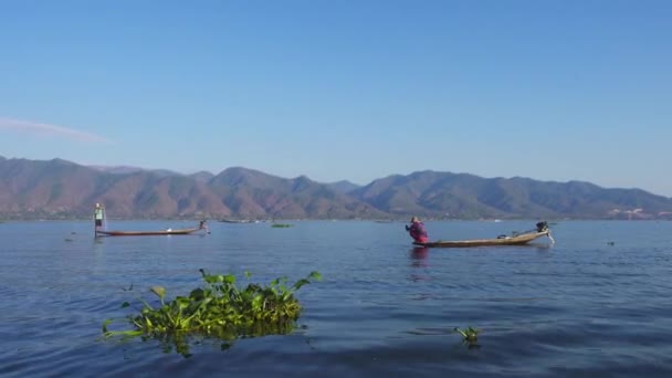 在著名的Inle Lake 4K的独木舟上钓鱼的渔民 — 图库视频影像