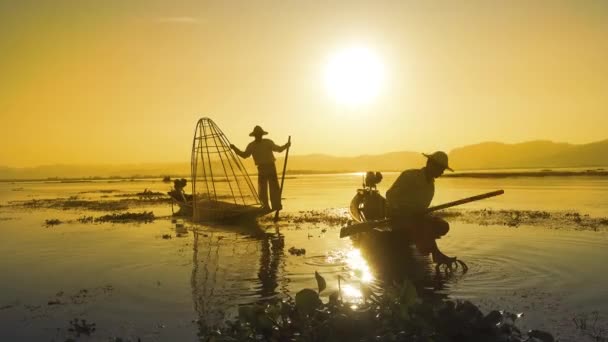 Myanmar Punto Referencia Atracción Viaje Los Pescadores Birmanos Tradicionales Con — Vídeos de Stock