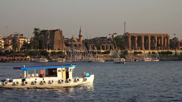 ルクソールのナイル川の東岸にあるルクソール神殿古代エジプトの寺院複合体 ボート 4Kでナイル川からの眺め — ストック動画