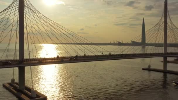 Vista Aerea Del Ponte Cavo Nuovo Grattacielo San Pietroburgo Durante — Video Stock