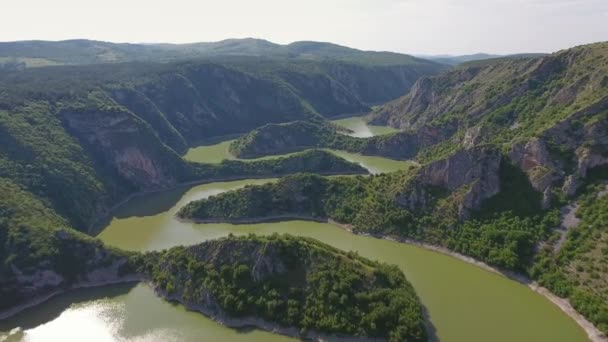 Vista Aérea Meandros Desfiladero Rocoso Del Río Uvac Día Soleado — Vídeos de Stock