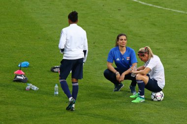Kiev, Ukrayna - 23 Mayıs 2018: Olympique Lyonnais oyuncular eğitimden önce Vfl Wolfsburg Valeriy Lobanovskiy Stadyumu'nda karşı Uefa Kadınlar Şampiyonlar Ligi Final 2018 oyun sırasında eylem