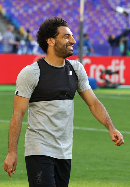 KYIV, UKRAINE - MAY 25, 2018: Mohamed Salah of Liverpool smiles during training session before UEFA Champions League Final 2018 game against Real Madrid at NSC Olimpiyskiy Stadium in Kyiv, Ukraine
