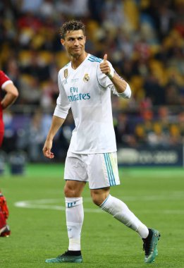 Kiev, Ukrayna - 26 Mayıs 2018: Cristiano Ronaldo Real Madrid Liverpool Kiev Milli Güvenlik Olimpiyskiy Stadyumu'nda karşı Uefa Şampiyonlar Ligi Final 2018 oyun sırasında eylem. Fenerbahçe 3-1 kazandı