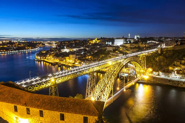 Panoramisch Luchtfoto Nacht Uitzicht Porto Stad Rivier Douro Portugal Dom — Stockfoto