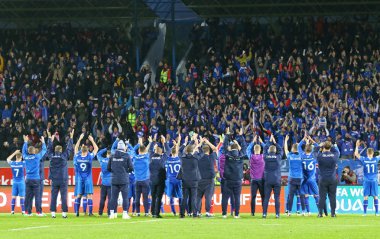 Reykjavik, İzlanda - 5 Eylül 2017: Oyuncular İzlanda Milli Futbol Takımı teşekkür hayranları FIFA Dünya Kupası eleme maçında Ukrayna Reykjavik, İzlanda'daki Laugardalsvollur Stadyumu'nda 2018 sonra