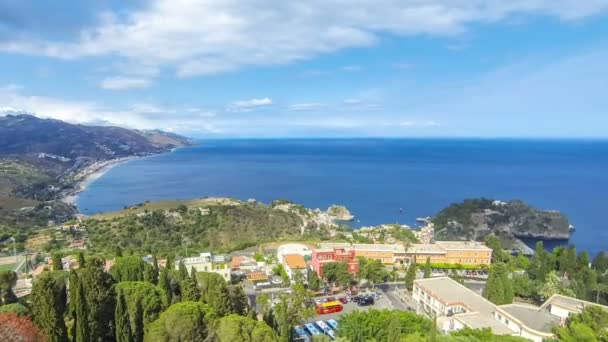 Aerial View Ionian Sea Coast Taormina Town Sicily Italy Time — Stock Video