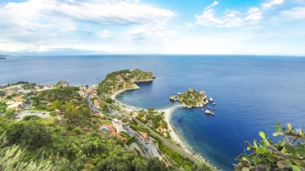 Letecký Pohled Ostrov Isola Bella Pláž Taormina Sicílie Itálie Giardini — Stock video