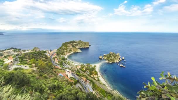 Vista Aérea Isla Isola Bella Playa Taormina Sicilia Italia Bahía — Vídeo de stock