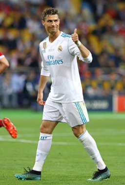 Kiev, Ukrayna - 26 Mayıs 2018: Cristiano Ronaldo Real Madrid Liverpool Kiev Milli Güvenlik Olimpiyskiy Stadyumu'nda karşı Uefa Şampiyonlar Ligi Final 2018 oyun sırasında eylem. Fenerbahçe 3-1 kazandı