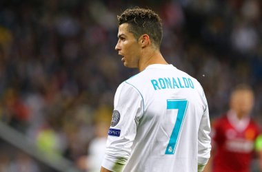 Kiev, Ukrayna - 26 Mayıs 2018: Real Madrid portre oyuncusu Cristiano Ronaldo Liverpool Kiev Milli Güvenlik Olimpiyskiy Stadyumu'nda karşı Uefa Şampiyonlar Ligi Final 2018 oyun sırasında
