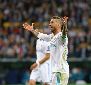 Kiev, Ukrayna - 26 Mayıs 2018: Portre Real Madrid defans Sergio Ramos Liverpool Kiev Milli Güvenlik Olimpiyskiy Stadyumu'nda karşı Uefa Şampiyonlar Ligi Final 2018 oyun sırasında