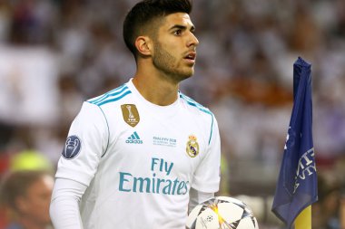 Kiev, Ukrayna - 26 Mayıs 2018: Real Madrid portre oyuncu Marco Asensio Liverpool Kiev Milli Güvenlik Olimpiyskiy Stadyumu'nda karşı Uefa Şampiyonlar Ligi Final 2018 oyun sırasında
