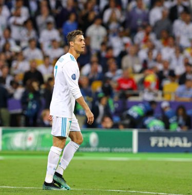 Kiev, Ukrayna - 26 Mayıs 2018: Real Madrid portre oyuncusu Cristiano Ronaldo Liverpool Kiev Milli Güvenlik Olimpiyskiy Stadyumu'nda karşı Uefa Şampiyonlar Ligi Final 2018 oyun sırasında