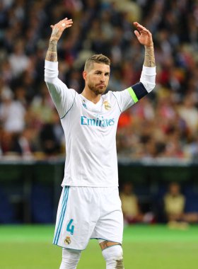Kiev, Ukrayna - 26 Mayıs 2018: Real Madrid portre oyuncu Sergio Ramos Liverpool Kiev Milli Güvenlik Olimpiyskiy Stadyumu'nda karşı Uefa Şampiyonlar Ligi Final 2018 oyun sırasında. Fenerbahçe 3-1 kazandı