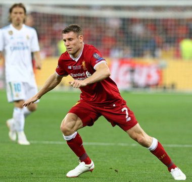 Kiev, Ukrayna - 26 Mayıs 2018: Portre Liverpool oyuncusu James Milner Real Madrid'i Kiev Milli Güvenlik Olimpiyskiy stadyum Uefa Şampiyonlar Ligi Final 2018 oyun sırasında. Liverpool 1-3 kaybetti