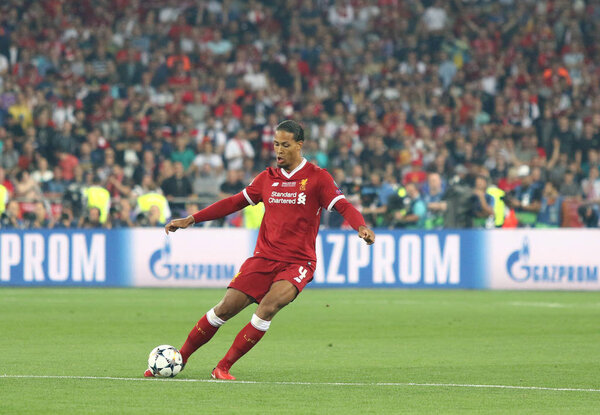 KYIV, UKRAINE - MAY 26, 2018: Virgil Van Dijk of Liverpool in action during the UEFA Champions League Final 2018 game against Real Madrid at NSC Olimpiyskiy Stadium in Kyiv. Liverpool lost 1-3